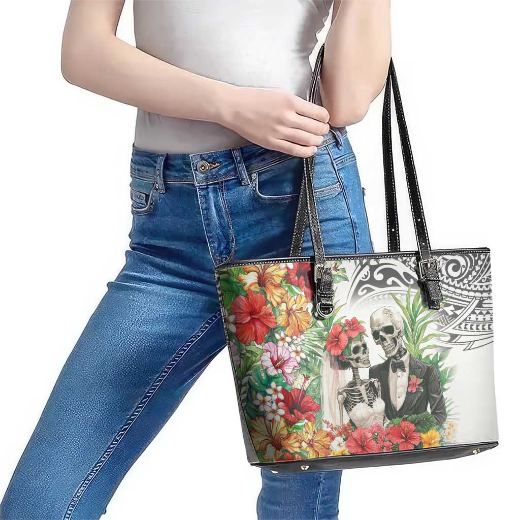 Skeleton Love for Valentine’s Day Leather Tote Bag Polynesian Tribal Love Forever