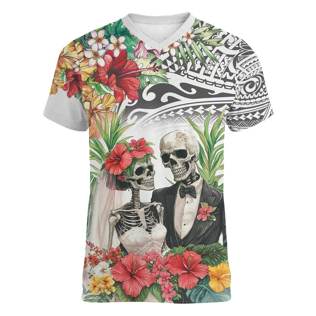 Skeleton Love for Valentine’s Day Women V-Neck T-Shirt Polynesian Tribal Love Forever