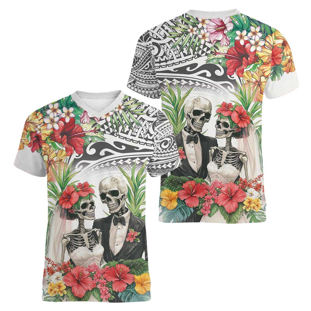 Skeleton Love for Valentine’s Day Women V-Neck T-Shirt Polynesian Tribal Love Forever