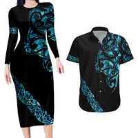 All Black Maori Tribal Tattoo Personalised Couples Matching Long Sleeve Bodycon Dress and Hawaiian Shirt Polynesian Style LT9 Black - Polynesian Pride