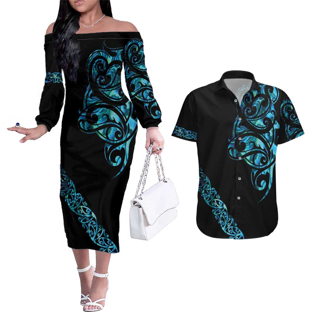 All Black Maori Tribal Tattoo Personalised Couples Matching Off The Shoulder Long Sleeve Dress and Hawaiian Shirt Polynesian Style LT9 Black - Polynesian Pride