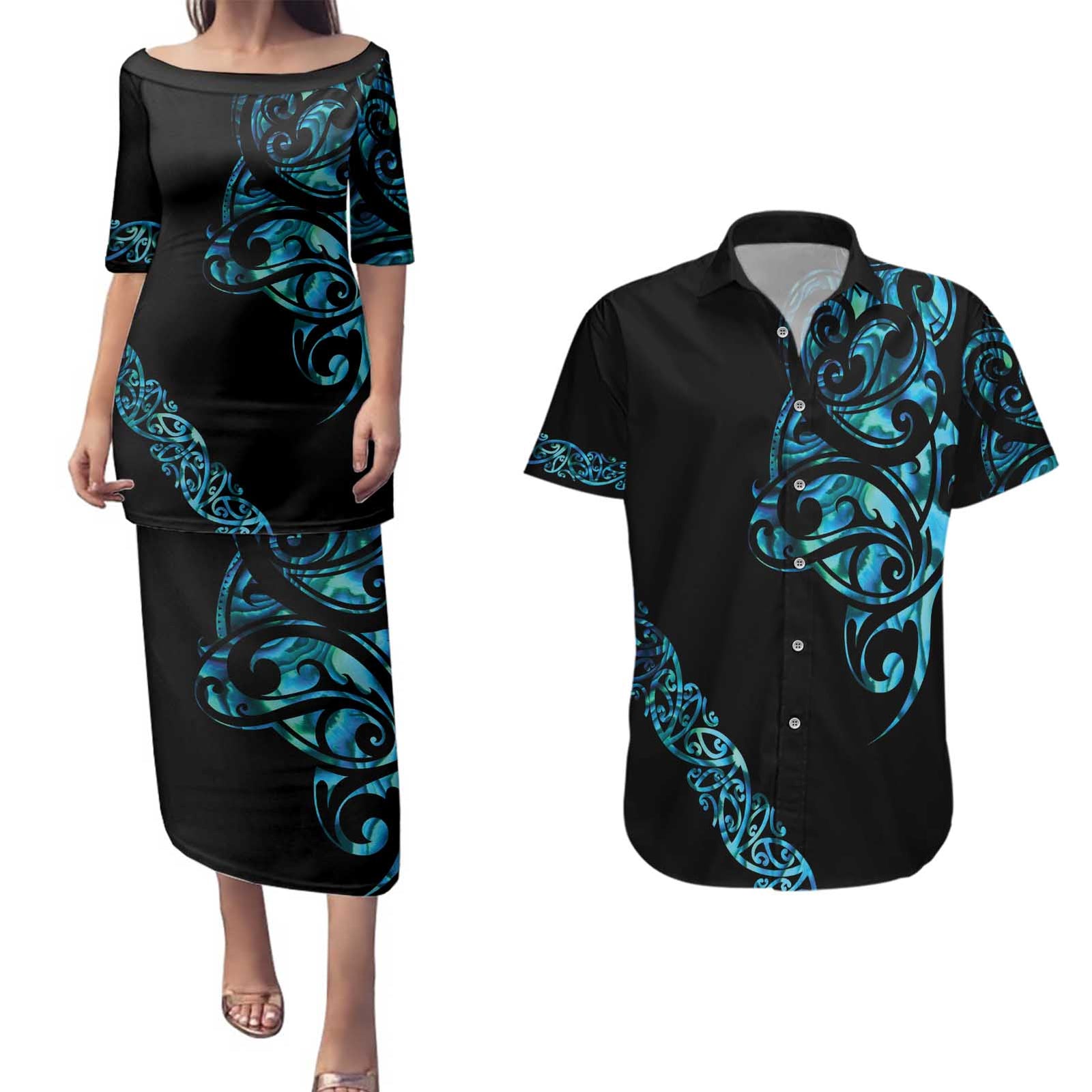 All Black Maori Tribal Tattoo Personalised Couples Matching Puletasi and Hawaiian Shirt Polynesian Style
