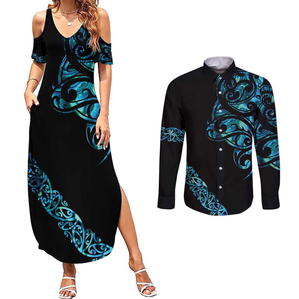 All Black Maori Tribal Tattoo Personalised Couples Matching Summer Maxi Dress and Long Sleeve Button Shirt Polynesian Style