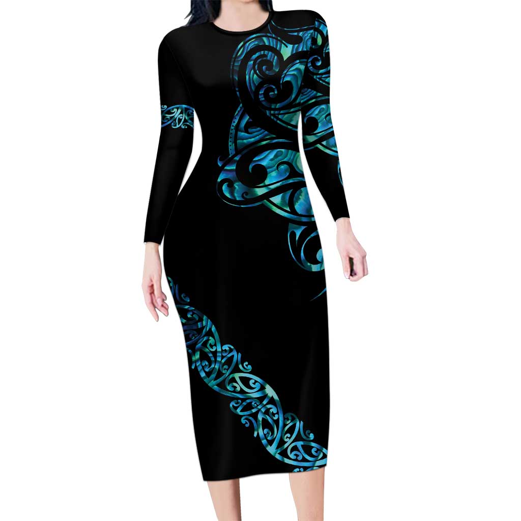 All Black Maori Tribal Tattoo Personalised Family Matching Long Sleeve Bodycon Dress and Hawaiian Shirt Polynesian Style LT9 Mom's Dress Black - Polynesian Pride