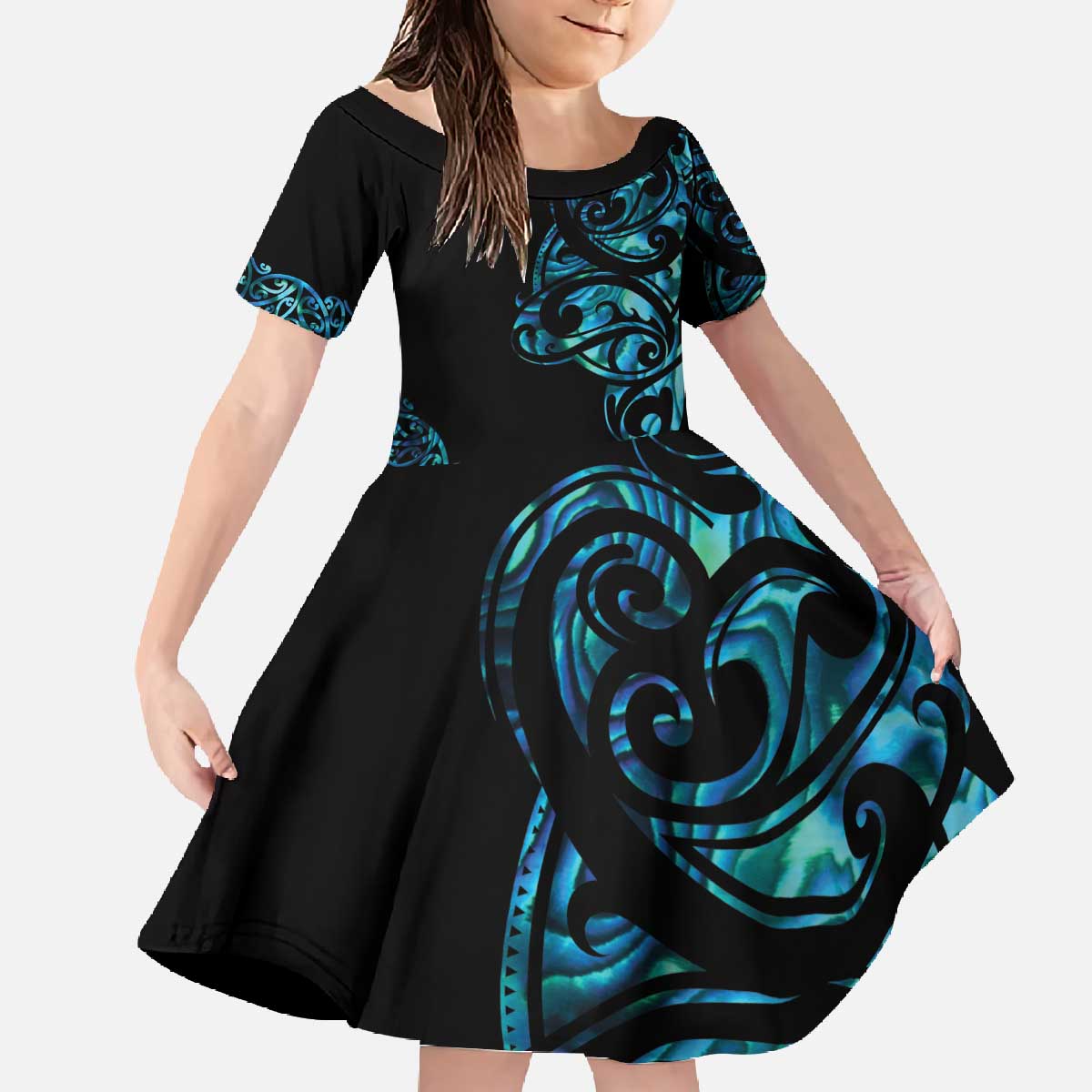 All Black Maori Tribal Tattoo Personalised Family Matching Off The Shoulder Long Sleeve Dress and Hawaiian Shirt Polynesian Style LT9 Daughter's Dress Black - Polynesian Pride