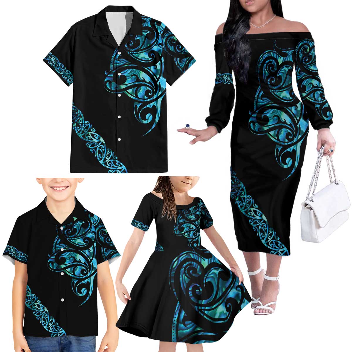 All Black Maori Tribal Tattoo Personalised Family Matching Off The Shoulder Long Sleeve Dress and Hawaiian Shirt Polynesian Style LT9 - Polynesian Pride