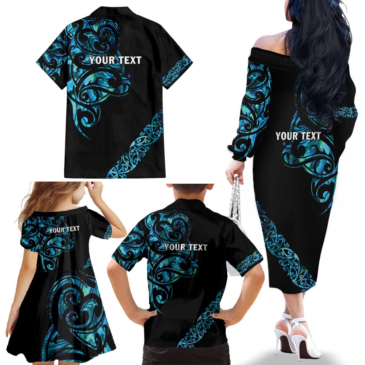All Black Maori Tribal Tattoo Personalised Family Matching Off The Shoulder Long Sleeve Dress and Hawaiian Shirt Polynesian Style LT9 - Polynesian Pride