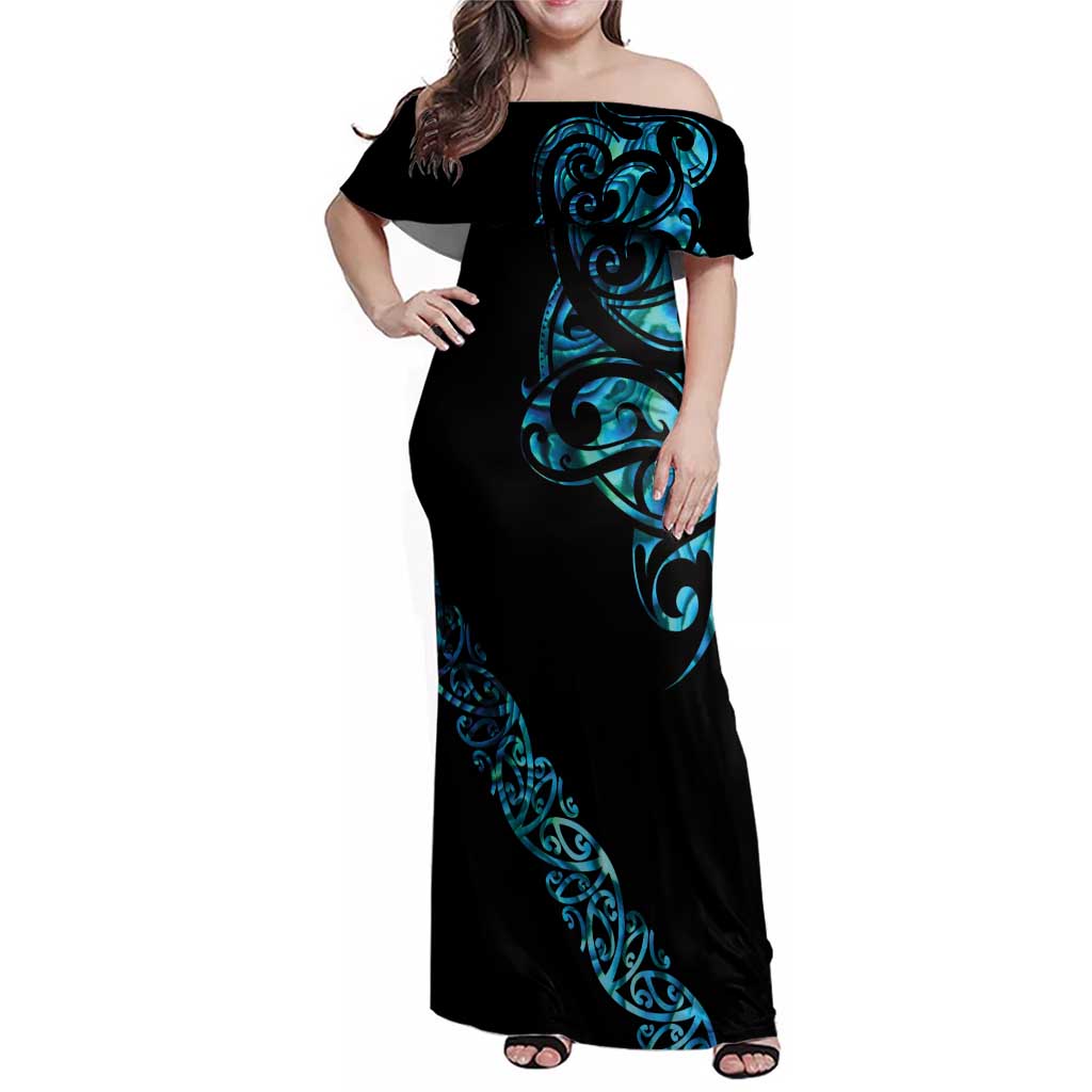 All Black Maori Tribal Tattoo Personalised Family Matching Off Shoulder Maxi Dress and Hawaiian Shirt Polynesian Style LT9 Mom's Dress Black - Polynesian Pride