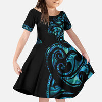 All Black Maori Tribal Tattoo Personalised Family Matching Short Sleeve Bodycon Dress and Hawaiian Shirt Polynesian Style LT9 Daughter's Dress Black - Polynesian Pride
