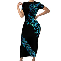 All Black Maori Tribal Tattoo Personalised Family Matching Short Sleeve Bodycon Dress and Hawaiian Shirt Polynesian Style LT9 Mom's Dress Black - Polynesian Pride