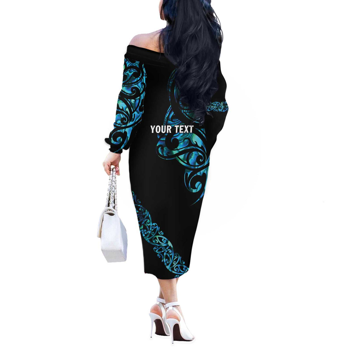 All Black Maori Tribal Tattoo Personalised Off The Shoulder Long Sleeve Dress Polynesian Style