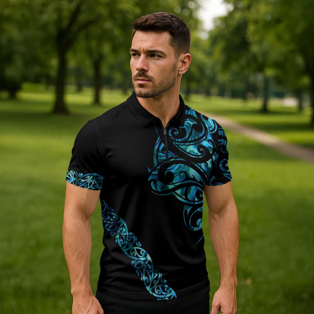 All Black Maori Tribal Tattoo Personalised Zipper Polo Shirt Polynesian Style - Polynesian Pride