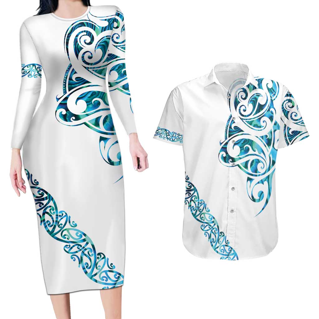 All White Maori Tribal Tattoo Personalised Couples Matching Long Sleeve Bodycon Dress and Hawaiian Shirt Polynesian Style LT9 White - Polynesian Pride