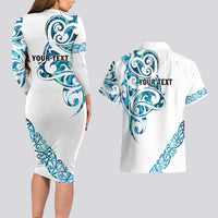 All White Maori Tribal Tattoo Personalised Couples Matching Long Sleeve Bodycon Dress and Hawaiian Shirt Polynesian Style LT9 - Polynesian Pride