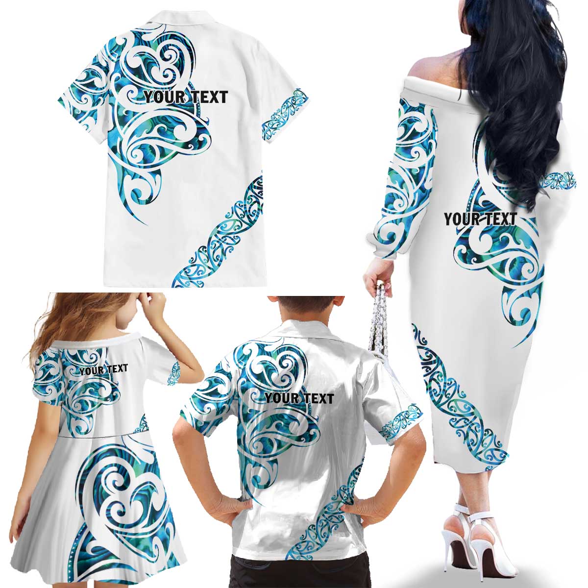 All White Maori Tribal Tattoo Personalised Family Matching Off The Shoulder Long Sleeve Dress and Hawaiian Shirt Polynesian Style LT9 - Polynesian Pride