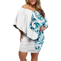All White Maori Tribal Tattoo Personalised Family Matching Off Shoulder Short Dress and Hawaiian Shirt Polynesian Style LT9 Mom's Dress White - Polynesian Pride