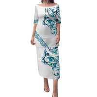 All White Maori Tribal Tattoo Personalised Family Matching Puletasi and Hawaiian Shirt Polynesian Style LT9 Mom's Dress White - Polynesian Pride
