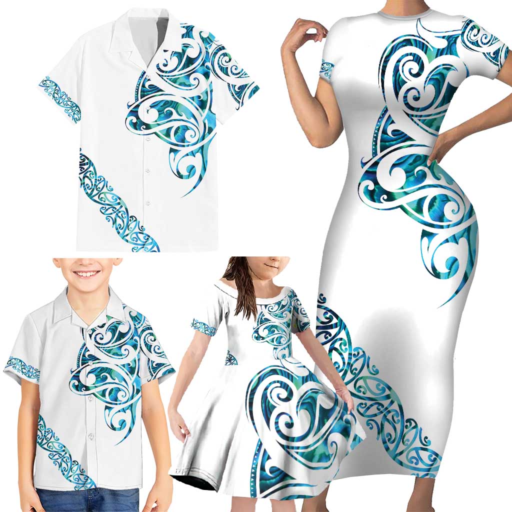 All White Maori Tribal Tattoo Personalised Family Matching Short Sleeve Bodycon Dress and Hawaiian Shirt Polynesian Style LT9 - Polynesian Pride