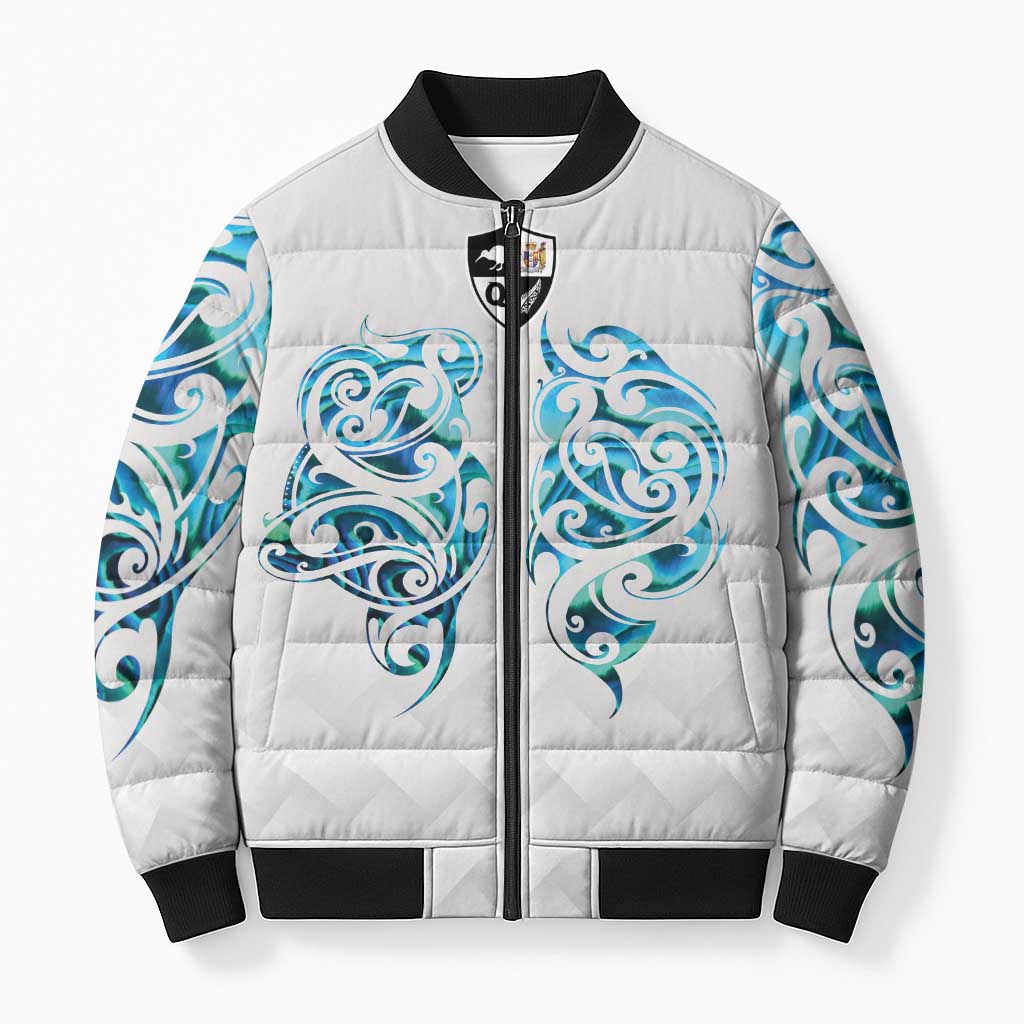 Queensland Maori Kiwi Personalised Bomber Puffer Jacket Ma Kakariki Papua Shell Maori Tribal Tattoo LT9 Unisex White - Polynesian Pride