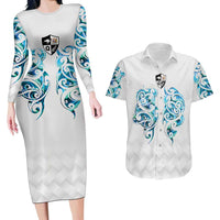 Queensland Maori Kiwi Personalised Couples Matching Long Sleeve Bodycon Dress and Hawaiian Shirt Ma Kakariki Papua Shell Maori Tribal Tattoo LT9 White - Polynesian Pride