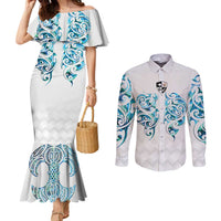 Queensland Maori Kiwi Personalised Couples Matching Mermaid Dress and Long Sleeve Button Shirt Ma Kakariki Papua Shell Maori Tribal Tattoo LT9 White - Polynesian Pride