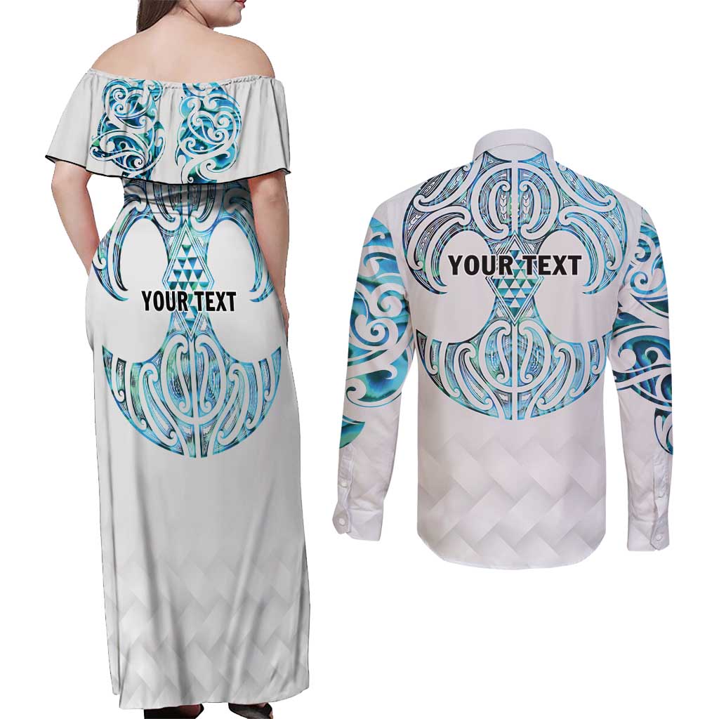 Queensland Maori Kiwi Personalised Couples Matching Off Shoulder Maxi Dress and Long Sleeve Button Shirt Ma Kakariki Papua Shell Maori Tribal Tattoo LT9 - Polynesian Pride