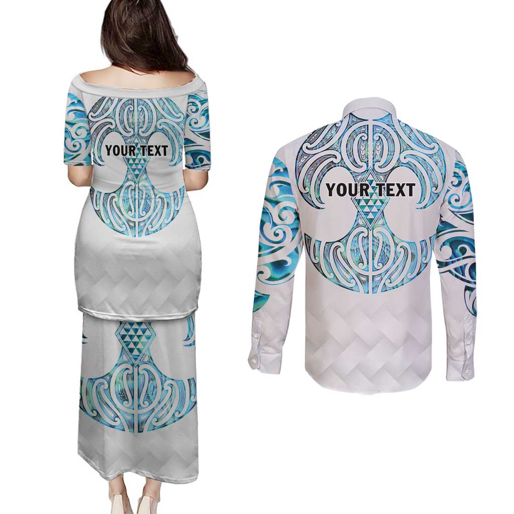 Queensland Maori Kiwi Personalised Couples Matching Puletasi and Long Sleeve Button Shirt Ma Kakariki Papua Shell Maori Tribal Tattoo LT9 - Polynesian Pride