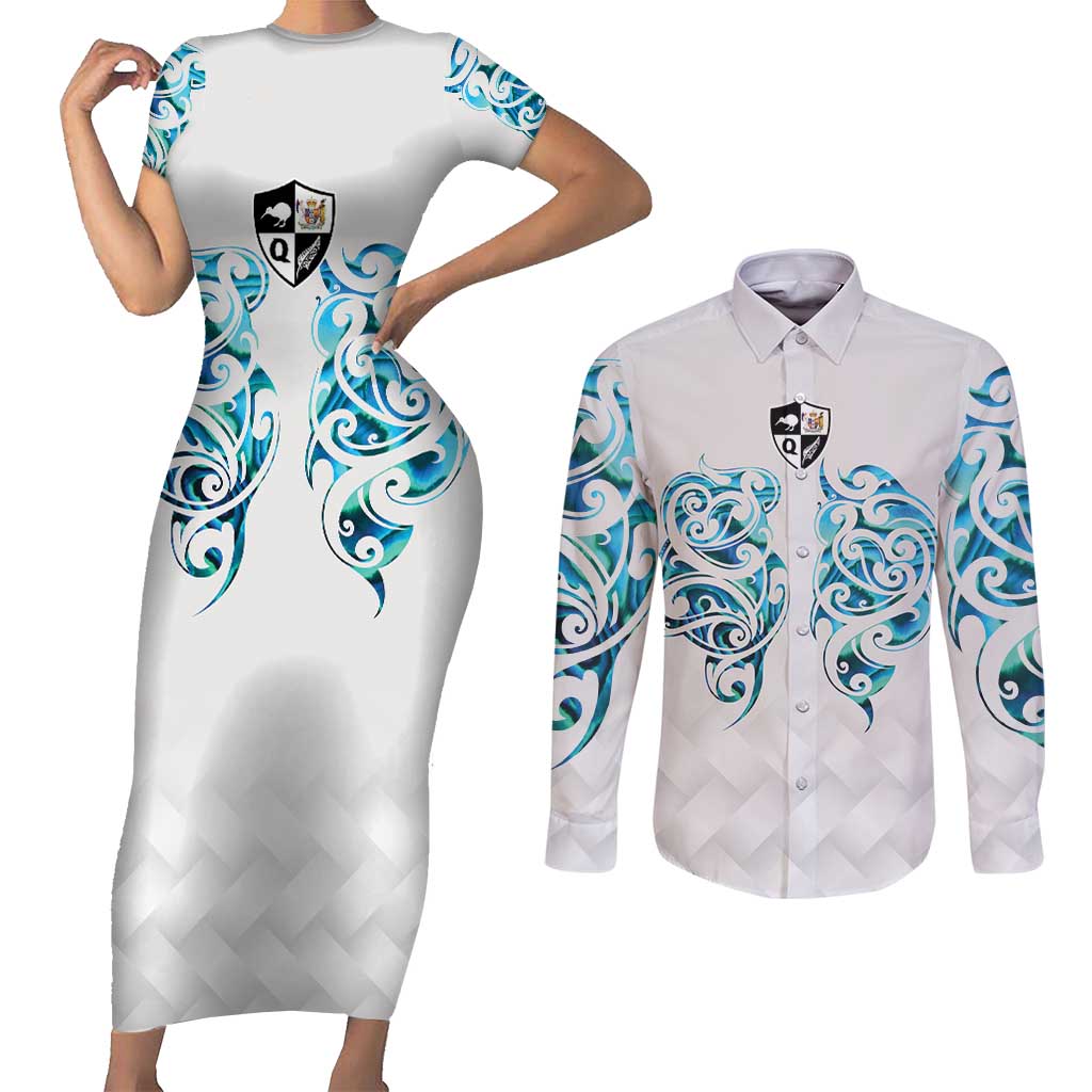 Queensland Maori Kiwi Personalised Couples Matching Short Sleeve Bodycon Dress and Long Sleeve Button Shirt Ma Kakariki Papua Shell Maori Tribal Tattoo LT9 White - Polynesian Pride