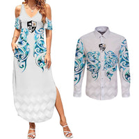 Queensland Maori Kiwi Personalised Couples Matching Summer Maxi Dress and Long Sleeve Button Shirt Ma Kakariki Papua Shell Maori Tribal Tattoo LT9 White - Polynesian Pride