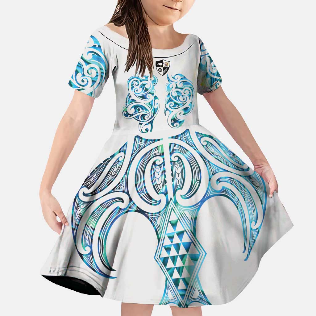 Queensland Maori Kiwi Personalised Family Matching Off Shoulder Maxi Dress and Hawaiian Shirt Ma Kakariki Papua Shell Maori Tribal Tattoo LT9 Daughter's Dress White - Polynesian Pride
