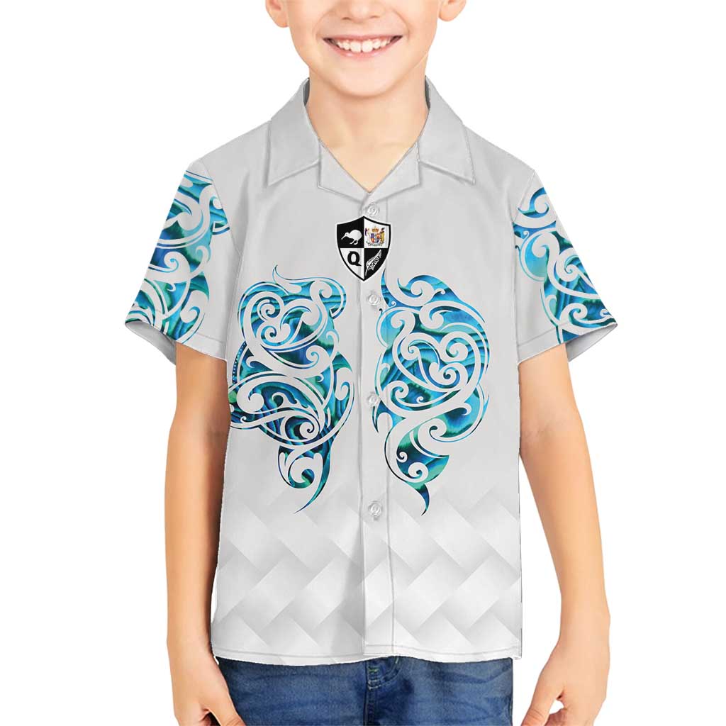 Queensland Maori Kiwi Personalised Family Matching Off Shoulder Maxi Dress and Hawaiian Shirt Ma Kakariki Papua Shell Maori Tribal Tattoo LT9 Son's Shirt White - Polynesian Pride