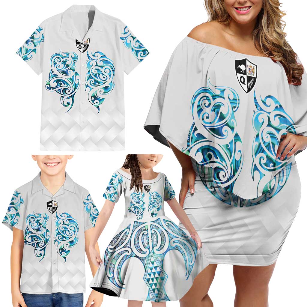 Queensland Maori Kiwi Personalised Family Matching Off Shoulder Short Dress and Hawaiian Shirt Ma Kakariki Papua Shell Maori Tribal Tattoo LT9 - Polynesian Pride