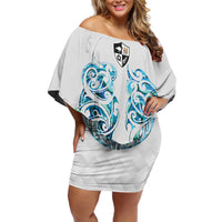 Queensland Maori Kiwi Personalised Family Matching Off Shoulder Short Dress and Hawaiian Shirt Ma Kakariki Papua Shell Maori Tribal Tattoo LT9 Mom's Dress White - Polynesian Pride