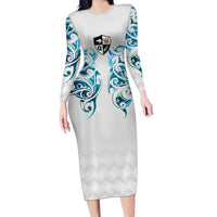 Queensland Maori Kiwi Personalised Long Sleeve Bodycon Dress Ma Kakariki Papua Shell Maori Tribal Tattoo LT9 Long Dress White - Polynesian Pride