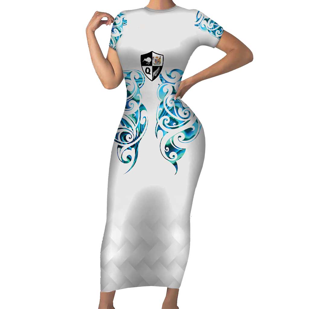 Queensland Maori Kiwi Personalised Short Sleeve Bodycon Dress Ma Kakariki Papua Shell Maori Tribal Tattoo LT9 Long Dress White - Polynesian Pride