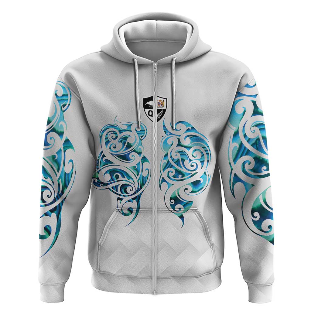 Queensland Maori Kiwi Personalised Zip Hoodie Ma Kakariki Papua Shell Maori Tribal Tattoo LT9 Zip Hoodie White - Polynesian Pride