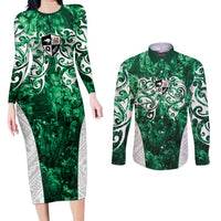 Queensland Maori Kiwi Personalised Couples Matching Long Sleeve Bodycon Dress and Long Sleeve Button Shirt Kikirangi Papua Shell Maori Tribal Tattoo LT9 Green - Polynesian Pride
