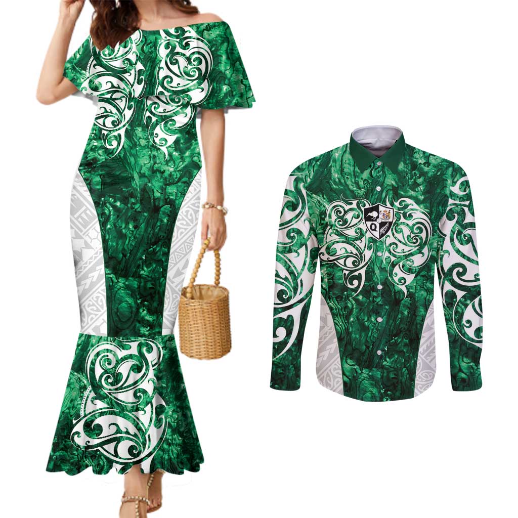 Queensland Maori Kiwi Personalised Couples Matching Mermaid Dress and Long Sleeve Button Shirt Kikirangi Papua Shell Maori Tribal Tattoo LT9 Green - Polynesian Pride