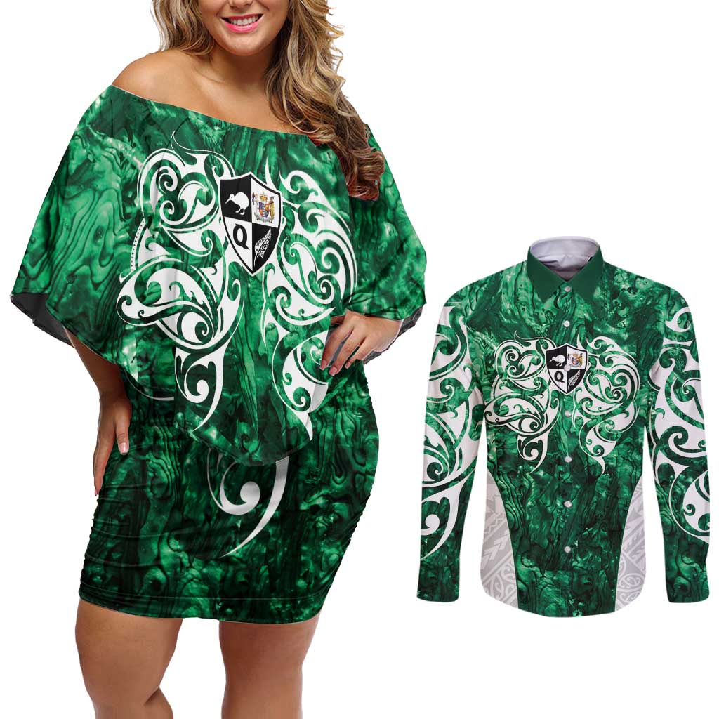 Queensland Maori Kiwi Personalised Couples Matching Off Shoulder Short Dress and Long Sleeve Button Shirt Kikirangi Papua Shell Maori Tribal Tattoo LT9 Green - Polynesian Pride