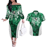 Queensland Maori Kiwi Personalised Couples Matching Off The Shoulder Long Sleeve Dress and Hawaiian Shirt Kikirangi Papua Shell Maori Tribal Tattoo LT9 Green - Polynesian Pride