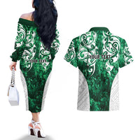 Queensland Maori Kiwi Personalised Couples Matching Off The Shoulder Long Sleeve Dress and Hawaiian Shirt Kikirangi Papua Shell Maori Tribal Tattoo LT9 - Polynesian Pride