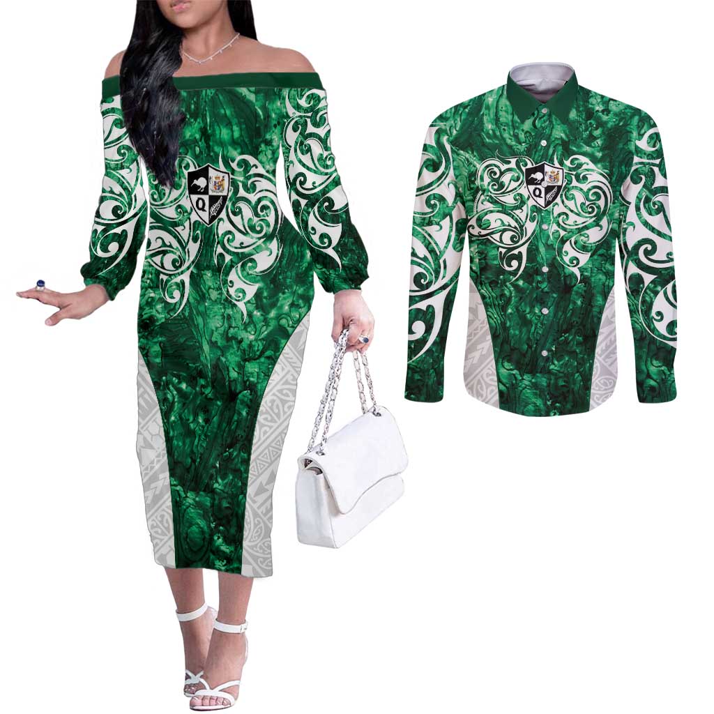 Queensland Maori Kiwi Personalised Couples Matching Off The Shoulder Long Sleeve Dress and Long Sleeve Button Shirt Kikirangi Papua Shell Maori Tribal Tattoo LT9 Green - Polynesian Pride