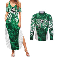 Queensland Maori Kiwi Personalised Couples Matching Summer Maxi Dress and Long Sleeve Button Shirt Kikirangi Papua Shell Maori Tribal Tattoo LT9 Green - Polynesian Pride