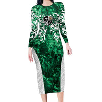 Queensland Maori Kiwi Personalised Family Matching Long Sleeve Bodycon Dress and Hawaiian Shirt Kikirangi Papua Shell Maori Tribal Tattoo LT9 Mom's Dress Green - Polynesian Pride