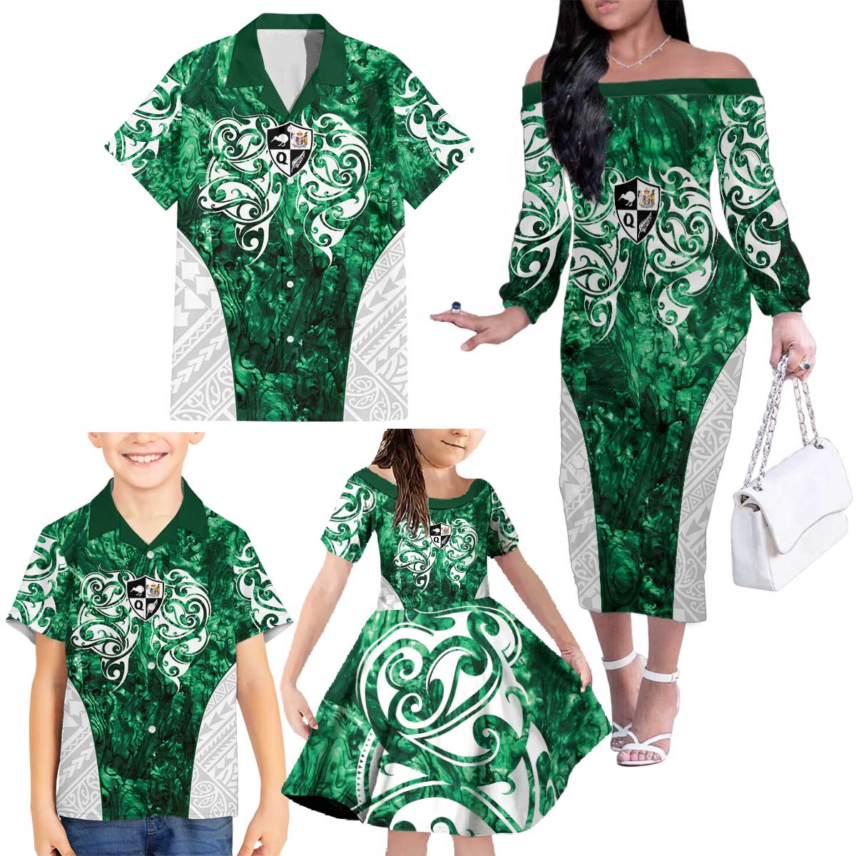 Queensland Maori Kiwi Personalised Family Matching Off The Shoulder Long Sleeve Dress and Hawaiian Shirt Kikirangi Papua Shell Maori Tribal Tattoo LT9 - Polynesian Pride