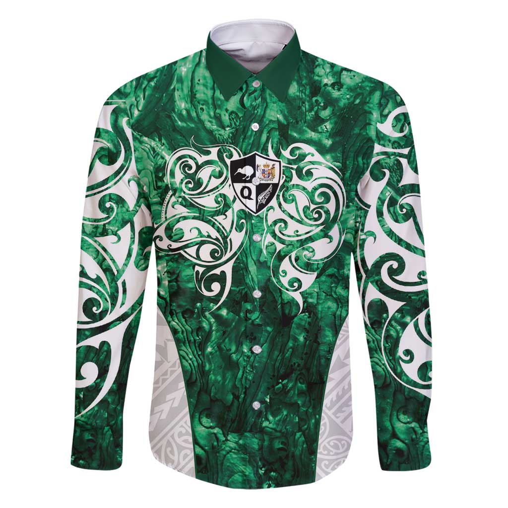 Queensland Maori Kiwi Personalised Family Matching Off Shoulder Maxi Dress and Hawaiian Shirt Kikirangi Papua Shell Maori Tribal Tattoo LT9 Dad's Shirt - Long Sleeve Green - Polynesian Pride