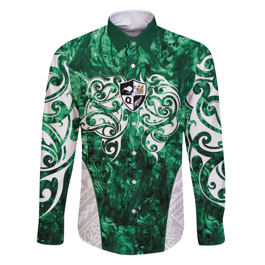Queensland Maori Kiwi Personalised Family Matching Puletasi and Hawaiian Shirt Kikirangi Papua Shell Maori Tribal Tattoo LT9 Dad's Shirt - Long Sleeve Green - Polynesian Pride