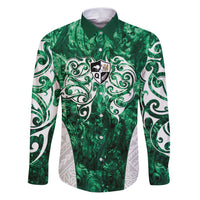 Queensland Maori Kiwi Personalised Family Matching Puletasi and Hawaiian Shirt Kikirangi Papua Shell Maori Tribal Tattoo LT9 Dad's Shirt - Long Sleeve Green - Polynesian Pride