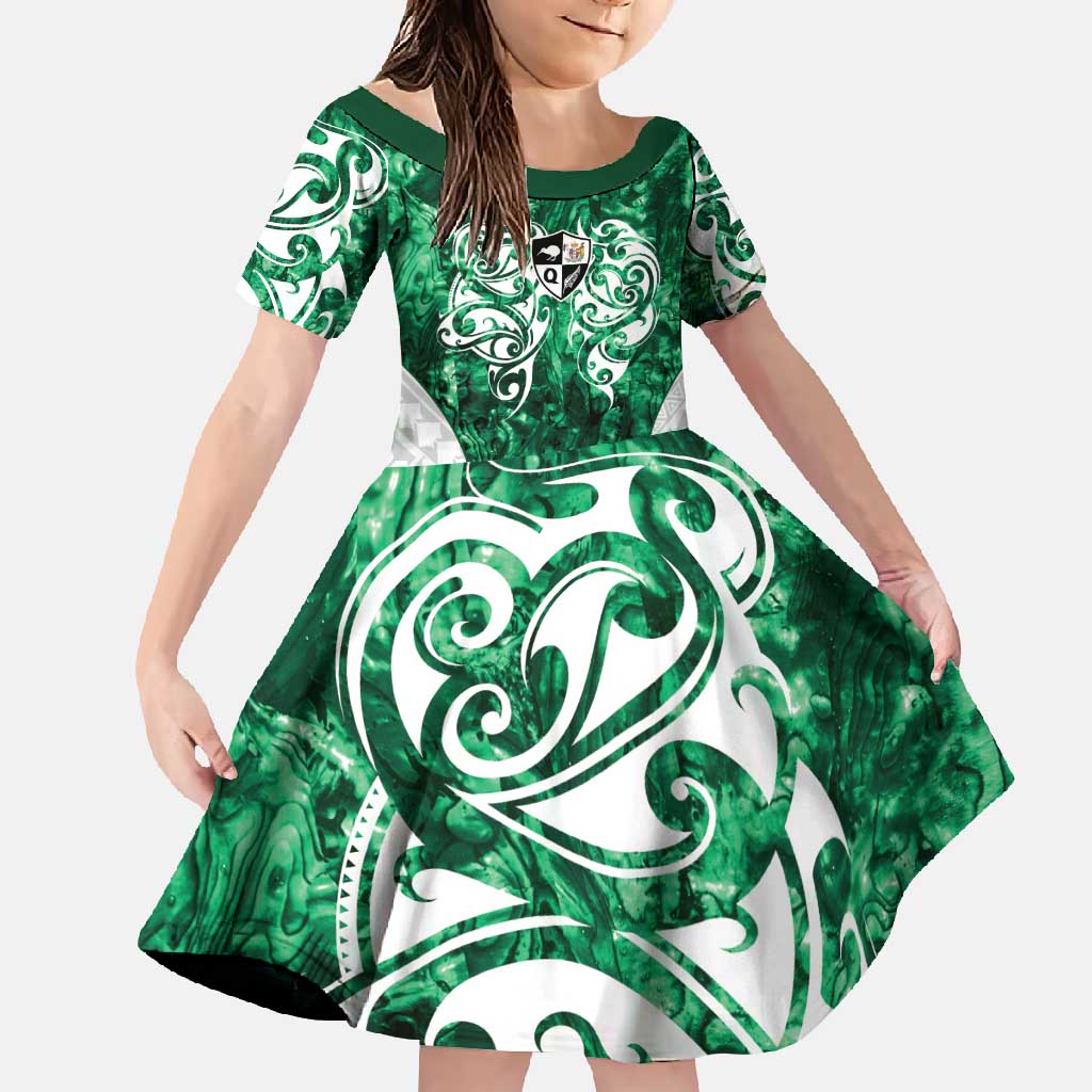 Queensland Maori Kiwi Personalised Family Matching Tank Maxi Dress and Hawaiian Shirt Kikirangi Papua Shell Maori Tribal Tattoo LT9 Daughter's Dress Green - Polynesian Pride
