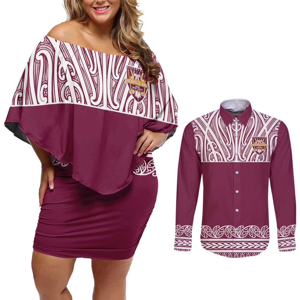 Queensland Maori Nga Hau E Wha Custom Couples Matching Off Shoulder Short Dress and Long Sleeve Button Shirt Polynesian Maori Tribal Pattern